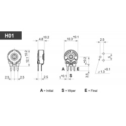 22K Ohm Koolfilm Instelpotmeter Staand PT-10-LH Maatvoering