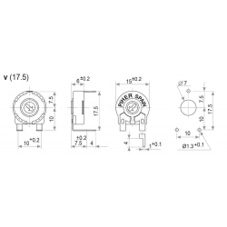 220 Ohm Koolfilm Instelpotmeter Liggend PT-15-SV-17 Maatvoering