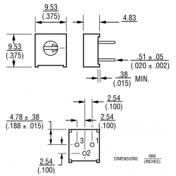200 Ohm Cermet Instelpotmeter Liggend Vierkant Maatvoering