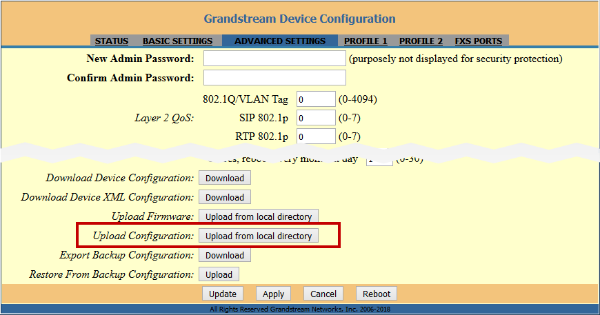 Grandstream HT812 Advanced Settings Upload Configuration