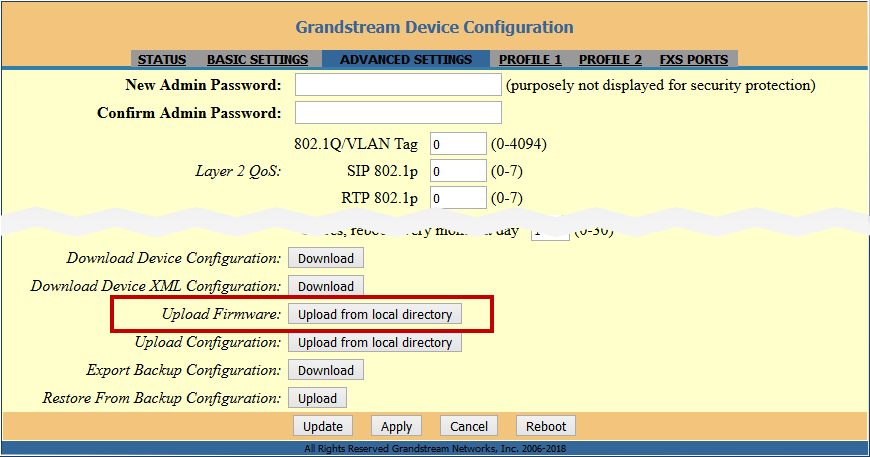 Grandstream HT812 Advanced Settings Upload Firmware