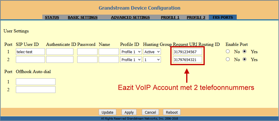 Grandstream HT812 FXS Ports 2 Eazit VoIP nummers